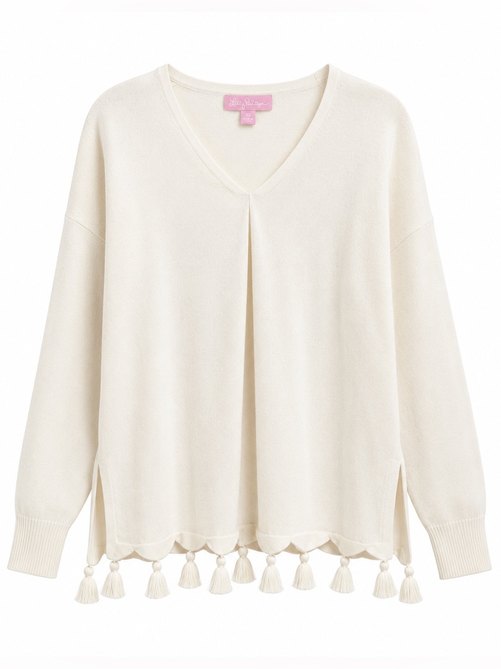 Lilly Pulitzer Cream V‑Neck Tassel‑Hem Sweater